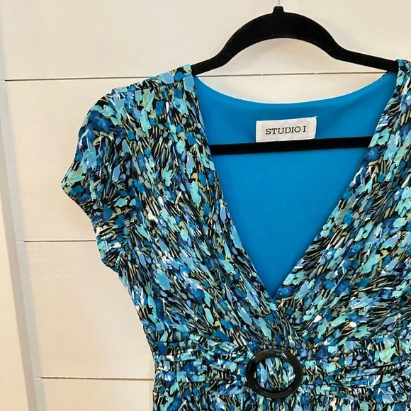 STUDIO 1 8 colorful blue speckled Y2K 90's midi stretch woman poly spandex dress - Picture 4 of 12